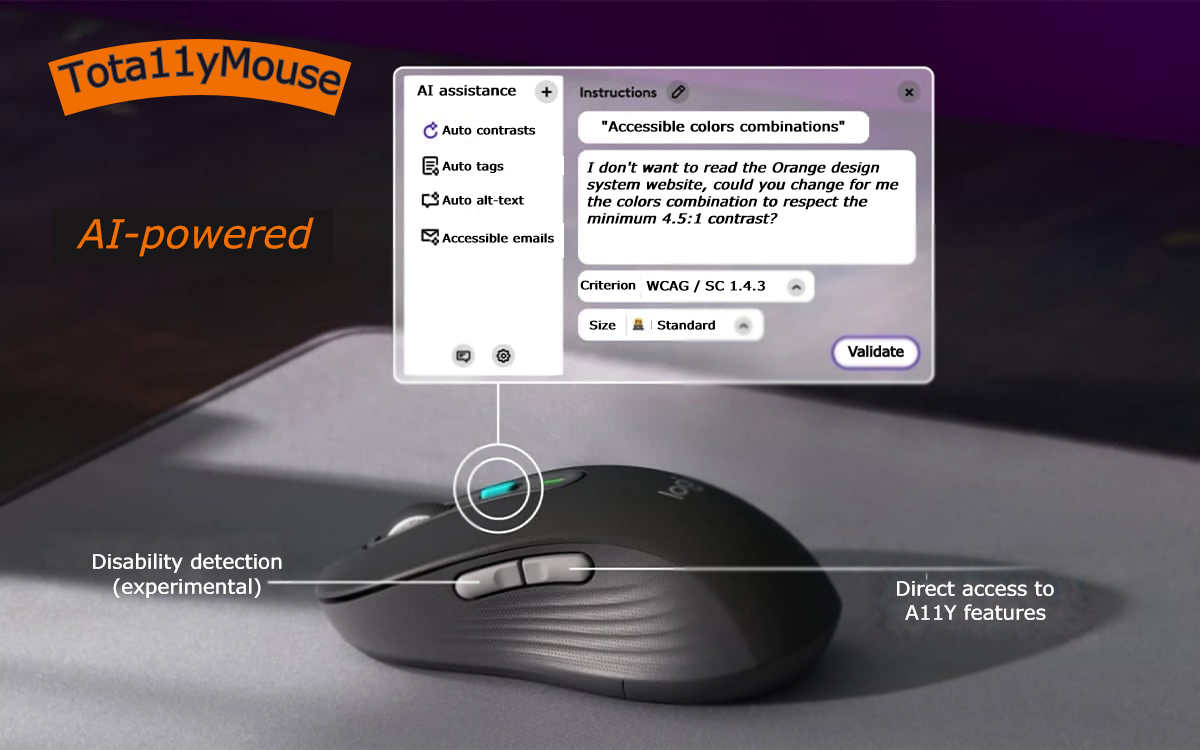 Title: Tota11yMouse - AI-powered. Two side buttons for disability detection (experimental) and access to accessibility features. A button at the top activates AI assistance, with a number of features described in this article.